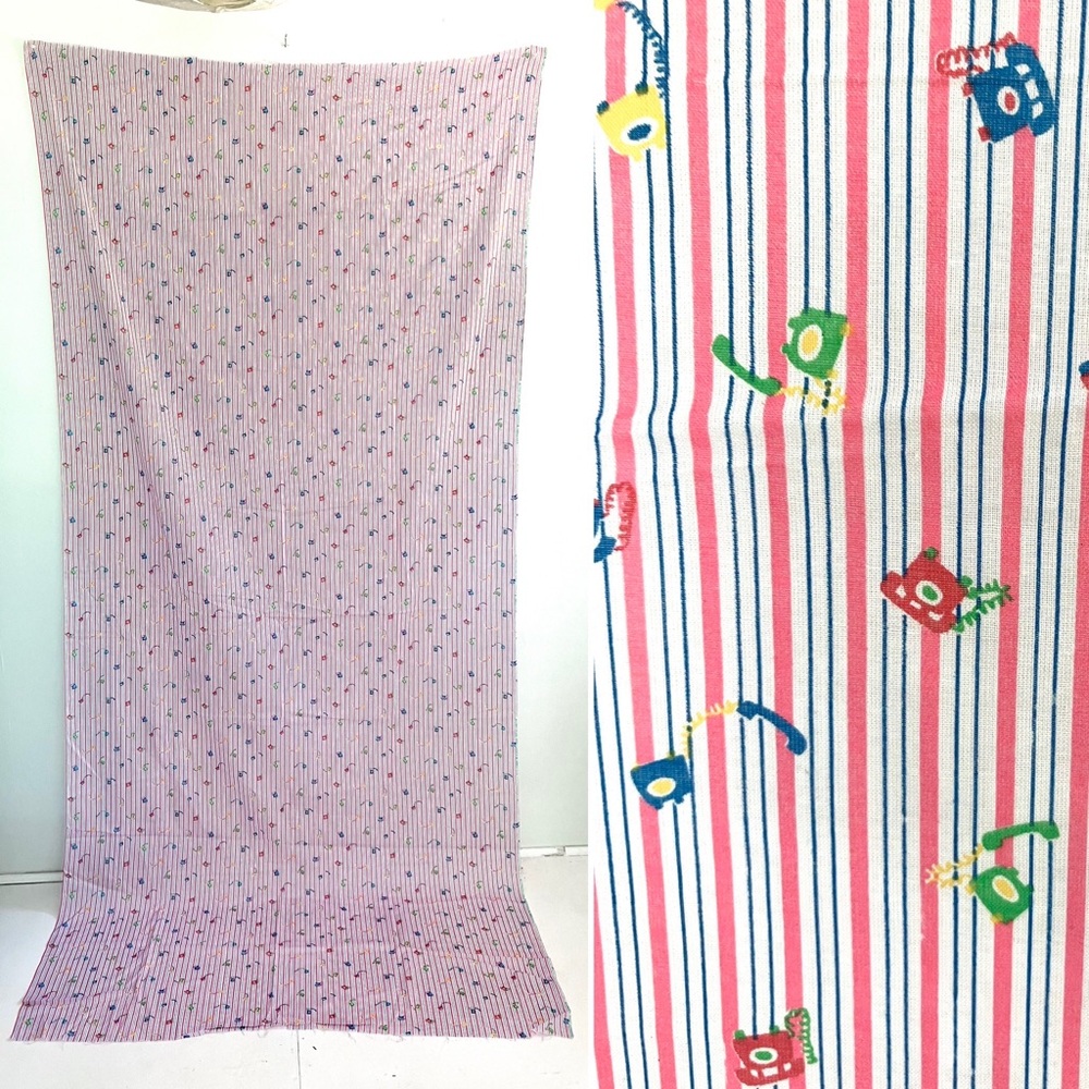 Vintage 50’s pink striped telephone novelty print fabric yardage